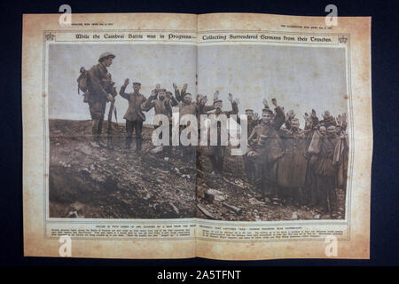 Photograph of prisoners inside 'The War Illustrated' wartime magazine (5th December 1917), a piece of replica memorabilia from the World War One era. Stock Photo