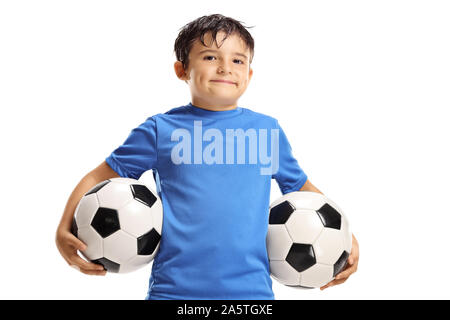 Boy holding two soccer balls isolated on white background Stock Photo