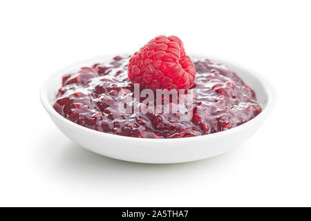 Raspberry and raspberry jam isolated on white background. Stock Photo