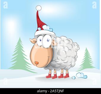 sheep christmas mascot cartoon on winter background Stock Vector
