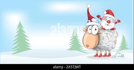 sheep christmas mascot with santa claus cartoon Stock Vector