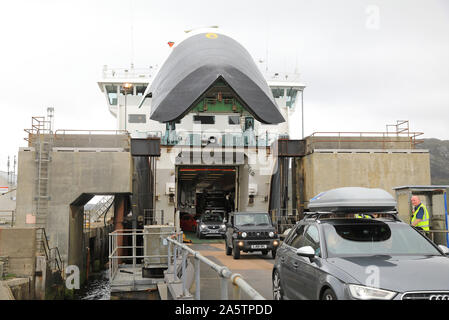 Ferry arriving at Lochmaddy Ferry Terminal, on North Uist, in the Outer Hebrides, from Uig on the Isle of Skye, in the Inner Hebrides, in west Scotlan Stock Photo