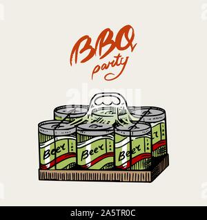 Beer for Bbq party in vintage style. Drawn by hand. Barbecue grill banner. Vector illustration for menu or labels. Stock Vector