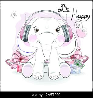 the lovely drawn baby elephant calf, in earphones and gifts. Picture in hand drawing style for baby shower. Greeting card, party invitation, fashion c Stock Vector