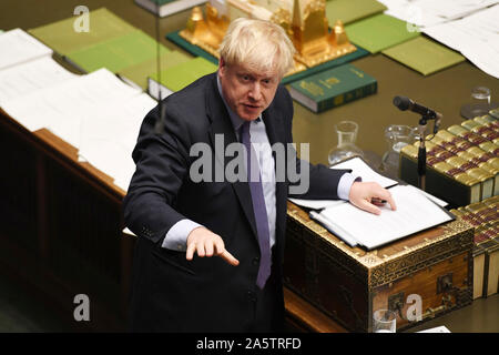 London, UK. 22nd Oct 2019.  British Prime Minister Boris Johnson speaks at the House of Commons in London, Britain, on Oct. 22, 2019. Boris Johnson on Tuesday was defeated in a vote on his Brexit timetable, meaning his government could push for a general election. (Jessica Taylor/UK Parliament/Handout via Xinhua) HOC MANDATORY CREDIT: UK Parliament/Jessica Taylor Credit: Xinhua/Alamy Live News Stock Photo