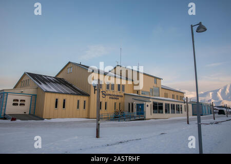 Longyearbyen, Svalbard in Norway - March 2019: Longyearbyen sykehus, the hospital. Stock Photo