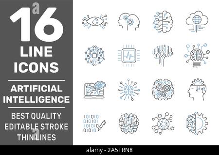 Digital Technology icons set. AI, Iot, Smart brain signs. AI, Smart brain, Hi-tech creative signs and logo elements. Editable Storke. EPS 10 Stock Vector