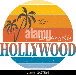 Hollywood t-shirt and apparel design with palm tree and halftoned sun, vector illustration, typography, print, logo, poster. Global swatches. Stock Vector