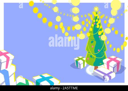Christmas card with 3d effect. Bright garland and gift boxes under the Christmas tree. Holiday season illustration with lots of yellow lights. Colorful Winter season design. Vector flat concept. Stock Vector
