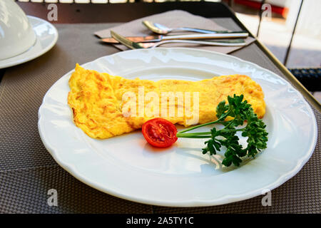 Omelette and tomato and parsley on white plate