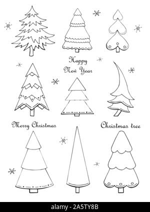 Vector illustrations. Set of hand drawn Christmas trees and snowflakes isolated on white background. Cartoon winter holiday decoration. Clip art for n Stock Vector