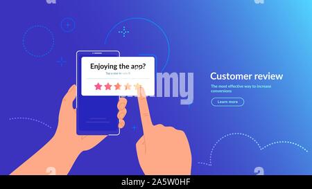 Rate our mobile app concept vector gradient illustration of human hand holding smartphone with white mobile banner on the screen. Customer feedback an Stock Vector