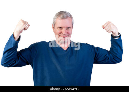 Elderly man shows strength. Isolated on a white background. Stock Photo