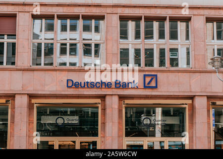 Berlin, Germany - September 20, 2019: Deutsche Bank Shopfront, Company Sign in Central Berlin