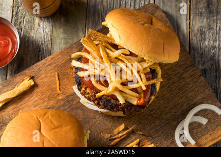 Homemade Cuban Fritas Hamburger with Fries and Chorizo Stock Photo