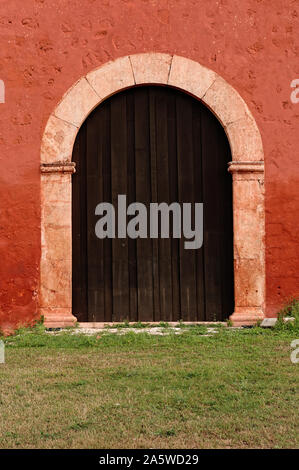 Santa Elena, Yucatan, Mexico - January 29, 2012: Architectural detail of entrance door to San Mateo church. Stock Photo