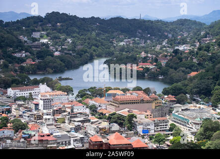 The top view of the center of Kandy city. This city is traffic Jam. Kandy city aerial view from Bahirawakanda Sri Maha Bodhi temple. Stock Photo