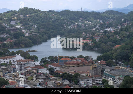 The top view of the center of Kandy city. This city is traffic Jam. Kandy city aerial view from Bahirawakanda Sri Maha Bodhi temple. Stock Photo