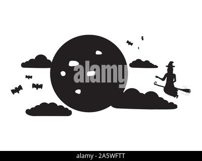 Witch flying on broom over a night landscape. Halloween concept - Vector illustration Stock Vector