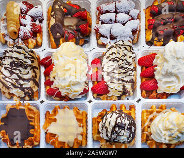 Selection of waffles in Brussels, Belgium. Stock Photo