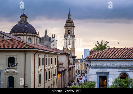 Calle 11 or 11 Street, in background Catedral Primada or cathedral, skyline, historic center, old town, Candelaria district, Bogota, Colombia Stock Photo