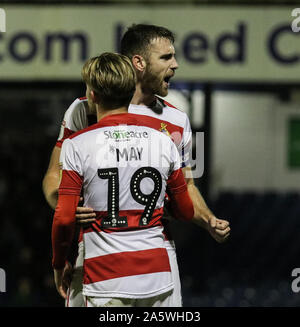 Southend, UK. 22nd Oct, 2019. SOUTHEND UNITED KINDOM. OCTOBER 22 Alfie May of Doncaster Rovers celebrating his goal with a team mate during English Sky Bet League One between Southend United and Doncaster Rovers at Roots Hall Stadium, Southend, England on 22 October 2019 Credit: Action Foto Sport/Alamy Live News Stock Photo
