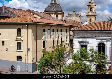 Calle 11 or 11 Street, in background Catedral Primada or cathedral, skyline, historic center, old town, Candelaria district, Bogota, Colombia Stock Photo