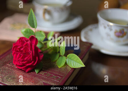 A few cups of tea with an old book and a red rose on top in the foreground Stock Photo