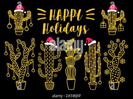 Christmas cacti, cacteen trees with Santa hat and decoration, set of gold vector design elements Stock Vector