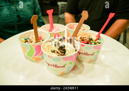 Dallas, Texas - June 19, 2017: Frozen yogurt in cups. Yogurtland is an international franchise chain of frozen yogurt stores with self serve format Stock Photo