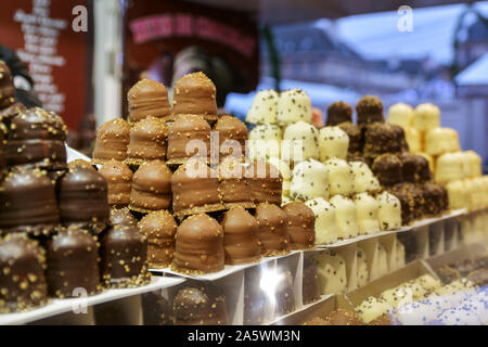 Different types of chocolate on the counter at the Christmas market Stock Photo