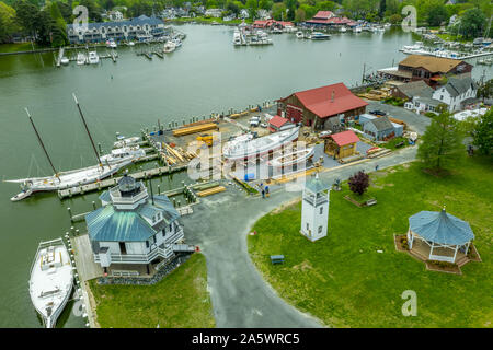 Aerial panorama of shipyard and lighthouse in St. Michaels harbor in Maryland in the Chesapeake Bay Stock Photo