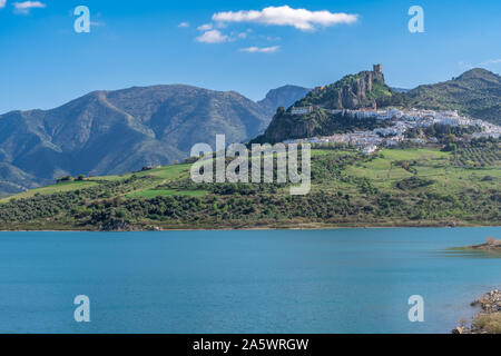 Zahara de la Sierra aerial view of medieval castle, hilltop village and lake near Sevilla Spain Stock Photo