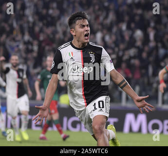 Turin, Italy. 22nd Oct, 2019. Juventus' Paulo Dybala celebrates during the UEFA Champions League Group D soccer match between FC Juventus and Lokomotiv Moscow in Turin, Italy, Oct. 22, 2019. Credit: Alberto Lingria/Xinhua/Alamy Live News Stock Photo