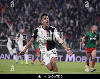 Turin, Italy. 22nd Oct, 2019. Juventus' Paulo Dybala celebrates during the UEFA Champions League Group D soccer match between FC Juventus and Lokomotiv Moscow in Turin, Italy, Oct. 22, 2019. Credit: Alberto Lingria/Xinhua/Alamy Live News Stock Photo