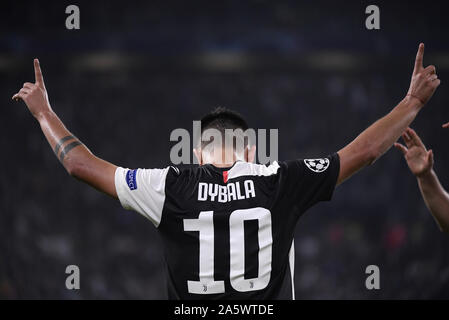 Turin, Italy. 22nd Oct, 2019. Juventus' Paulo Dybala celebrates during the UEFA Champions League Group D soccer match between FC Juventus and Lokomotiv Moscow in Turin, Italy, Oct. 22, 2019. Credit: Alberto Lingria/Xinhua/Alamy Live News Stock Photo