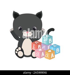 cute little cat with blocks toy character Stock Vector