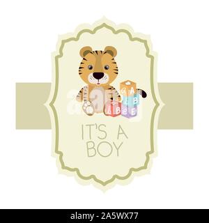 cute little tiger with blocks toys it s a boy card Stock Vector