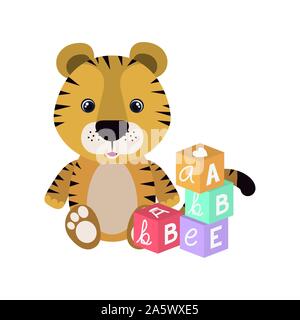 cute little tiger with blocks toys character Stock Vector