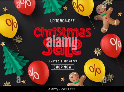 Christmas sale balloons vector banner background. Christmas sale promotion text with paper cut xmas tree, balloon, ginger head, snowflakes and stars. Stock Vector