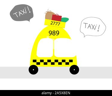 Cartoon yellow taxi car on a white background. Vector illustration. Stock Vector