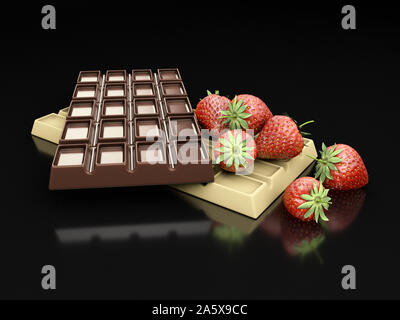 3d rendering of dark and white chocolate bars with strawberry isolated on black. Stock Photo