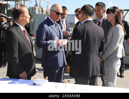 The Prince of Wales meets with representatives of groups tackling ocean plastics and climate change during a visit to HMS Enterprise, which is moored at Harumi Pier in Tokyo, Japan. Stock Photo