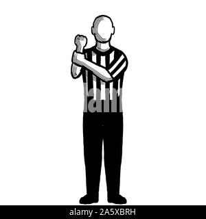 Black and white illustration showing a basketball referee or official with hand signal of holding viewed from front on isolated background done retro Stock Photo