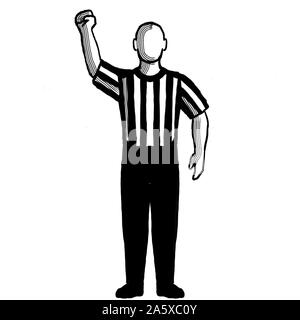 Black and white illustration of a basketball referee or official with hand signal showing stop clock for foul viewed from front on isolated background Stock Photo