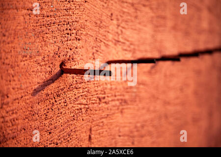 a row of rusty sticks and nails that are stuck in the house facade of concrete Stock Photo