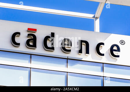 Oct 9, 2019 San Jose / CA / USA - Cadence logo at their campus in Silicon Valley; Cadence Design Systems, Inc. is an American multinational EDA softwa Stock Photo