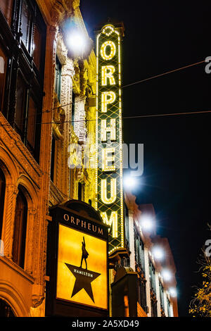 Oct 16, 2019 San Francisco / CA / USA - Night view of the SHN Orpheum Theatre facade on Market Street;  The successful musical Hamilton is being playe Stock Photo