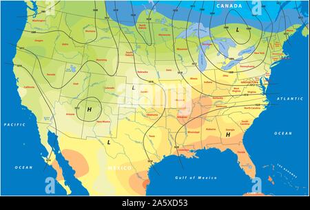 fictional map of the usa temperature barometric pressure wind speed wind direction Stock Vector