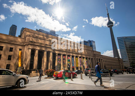 CN Tower behind Toronto Union Station on a beautiful, sunny fall afternoon in Ontario's capital. Stock Photo